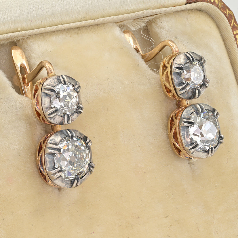 3ct Old Mine Cut Diamond Twin Solitaire Drop Earrings