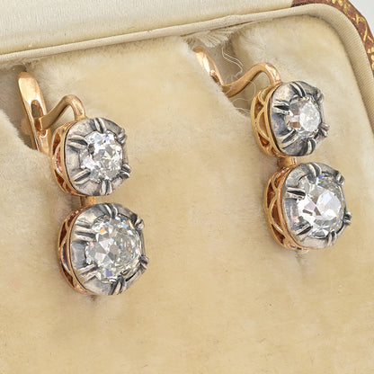 3ct Old Mine Cut Diamond Twin Solitaire Drop Earrings
