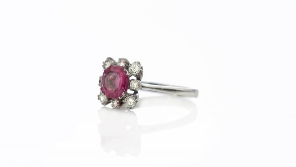 Vintage 1ct Burmese Ruby and Diamond Floral Cluster Ring, Certified