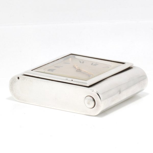 Antique Cartier Sterling Silver Clock, sterling silver case and manual winding movement, in original box, J.C Jacques Cartier, London Import Hallmark Dated 1929