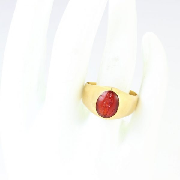 Antique Roman Carnelian Intaglio on Victorian 15ct Gold Ring; Roman Carnelian intaglio of a lady mounted to a 15ct yellow gold Victorian ring shank. Carnelian Intaglio Circa circa 2nd Century A.D. Ring shank made in 1870s