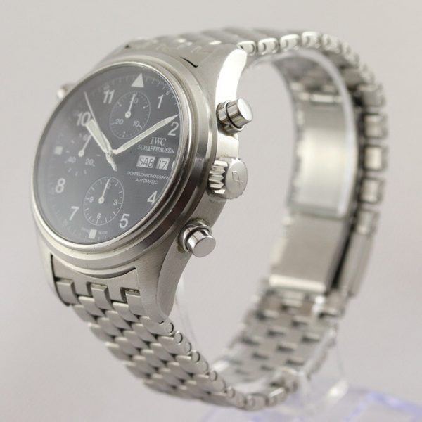 IWC Double Chronograph 42mm Stainless Steel Automatic Watch; black dial with Arabic numerals, weekday and date indicators at 3 hour mark and sapphire crystal. With double chronograph (split seconds/Rattrapante) function, on a stainless steel bracelet with steel fold-over clasp, with IWC box