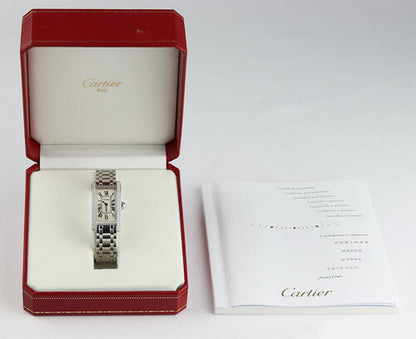Cartier Tank Americaine Ladies 18K White Gold Quart Watc With Factory Original Cartier Diamond Bezel, white dial, diamond crown, sapphire crystal, 18ct white gold bracelet with double-fold hidden clasp, with Cartier box and papers