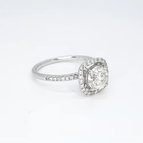 Diamond Halo Cluster Ring, 1.00ct round brilliant-cut diamond surrounded by a halo of diamonds, diamond set shoulders, 1.35 carat total, 18ct white gold