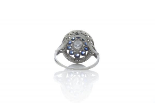 Art Deco Old Cut Diamond, Sapphire and Platinum Oval Cluster Ring, Made in France, Circa 1920