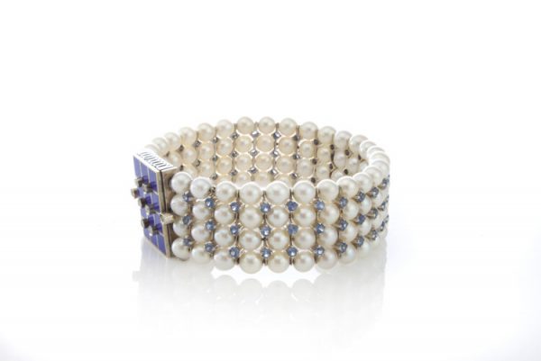 Vintage Akoya Pearl and Aquamarine Bangle Bracelet with Blue Enamel Clasp decorated with Rose-Cut Diamonds, Made in Italy, Circa 1940 - 1950s