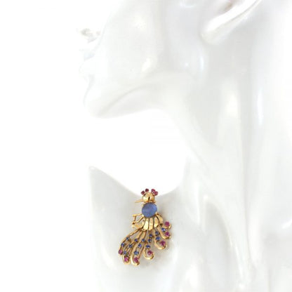 Vintage 2.50ct Carved Sapphire and 18ct Gold Peacock Brooch; with a carved sapphire centre, blue sapphires and rubies, Circa 1970s