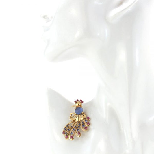 Vintage 2.50ct Carved Sapphire and 18ct Gold Peacock Brooch; with a carved sapphire centre, blue sapphires and rubies, Circa 1970s