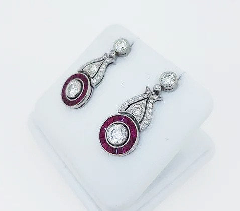 Ruby and Diamond Cluster Drop Earrings, in 18ct white gold