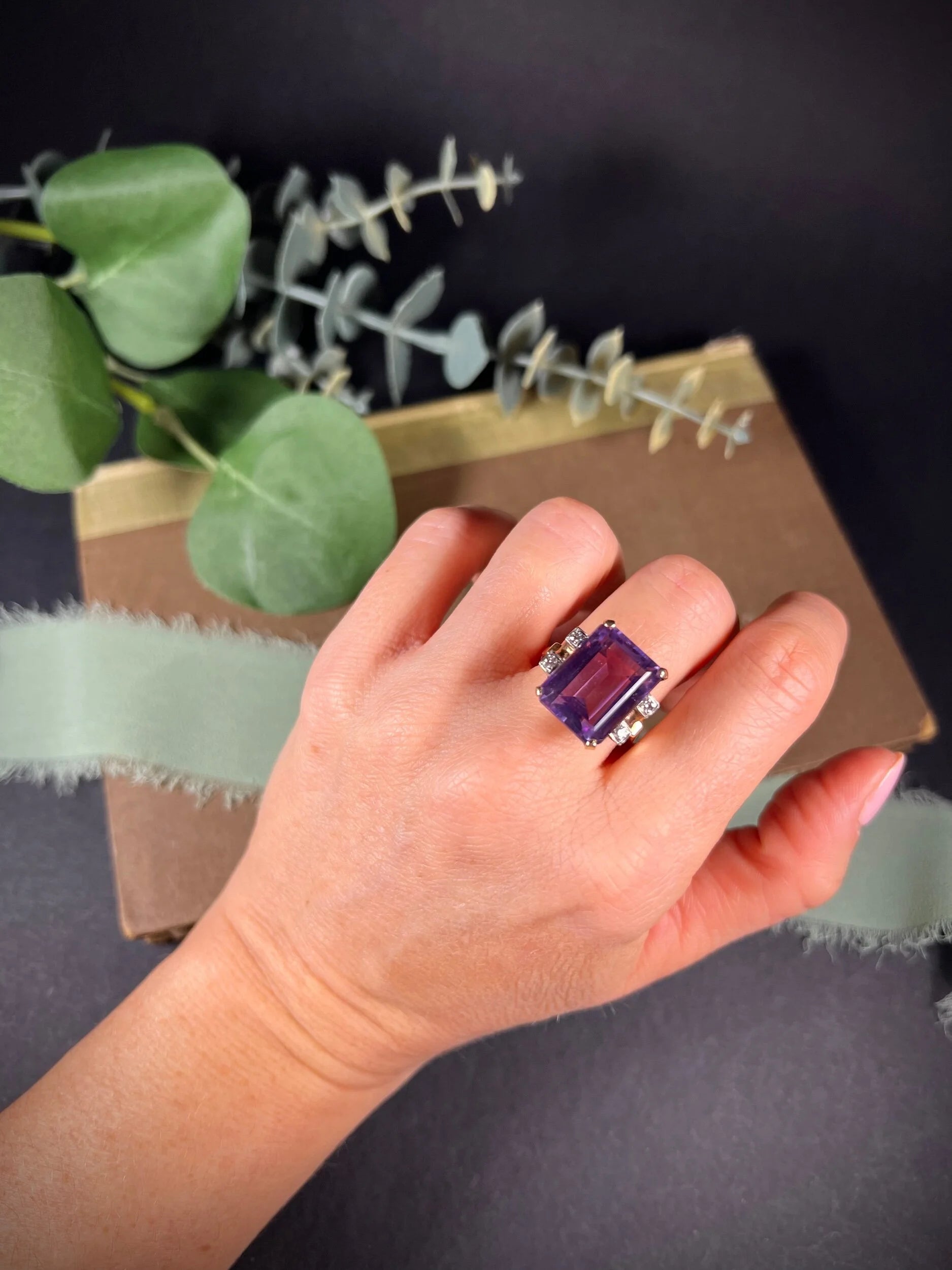 Vintage 14 Carat Gold Large Amethyst and Diamond Cocktail Ring, Circa 1960