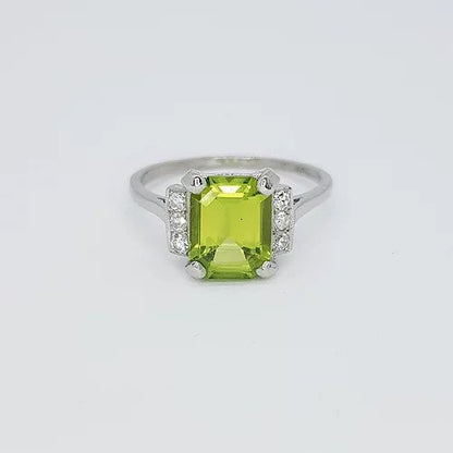 Emerald Cut Peridot, Diamond and Platinum Ring