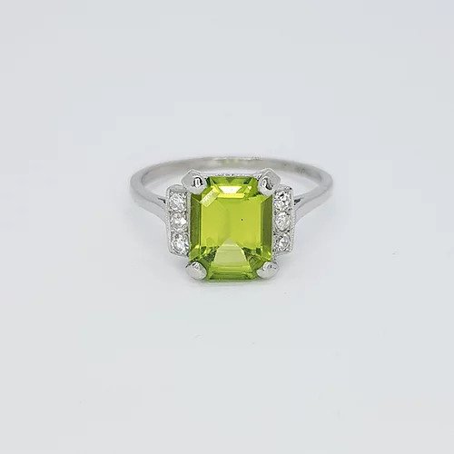 Emerald Cut Peridot, Diamond and Platinum Ring