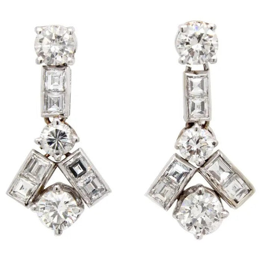 Vintage 4ct Brilliant and Princess Cut Diamond Geometric Drop Earrings