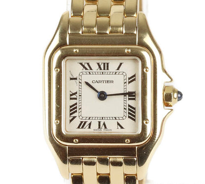 Cartier Panthère Ladies 18ct Yellow Gold 22mm Quartz Bracelet Watch, square white dial, Roman numerals, blue steel hands, sapphire glass, blue cabochon gem set crown, 18ct yellow gold bracelet with concealed double deployant clasp