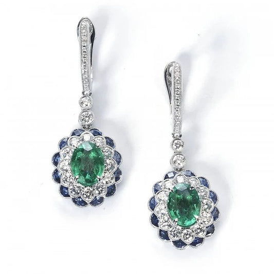 Edwardian Style 2.47ct Emerald, Sapphire and Diamond Cluster Drop Earrings