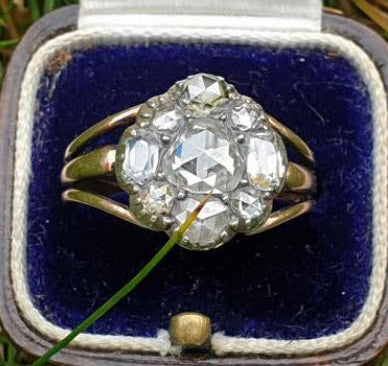 Antique Georgian 2ct Rose Cut Diamond Button Cluster Ring; featuring high quality rose cut diamonds and early cushion cut diamonds, in silver and gold with original triple wire shank, Scottish Circa 1740