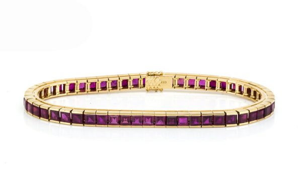 Vintage Princess Cut Natural Burmese Ruby Tennis Bracelet, 8.00 carat total, in 18ct Yellow Gold, Hallmarked CB750, Circa 1950-1970's