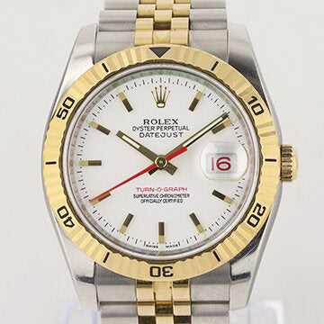 Rolex Datejust Turn-O-Graph 116263 Steel and Gold 36mm Automatic Watch; rotating bezel, white dial, date indicator and sapphire crystal, on a jubilee bracelet in steel and gold with Crown clasp, Circa 2005-06, with Rolex box and papers