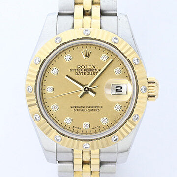 Rolex Lady Datejust Steel and Gold 179313 Automatic Watch with Rolex Factory Gold Dust Diamond Dial and Bezel, factory set diamond hour markers, original yellow gold bezel with diamonds, date indicator, sapphire crystal and screw-down crown, on a steel and gold Jubilee bracelet with Crownclasp, comes with Rolex box