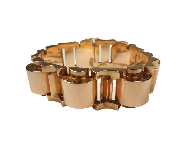 Vintage French Bi Colour Gold Tank Bracelet; crafted from 18ct rose and yellow gold, Circa 1930s
