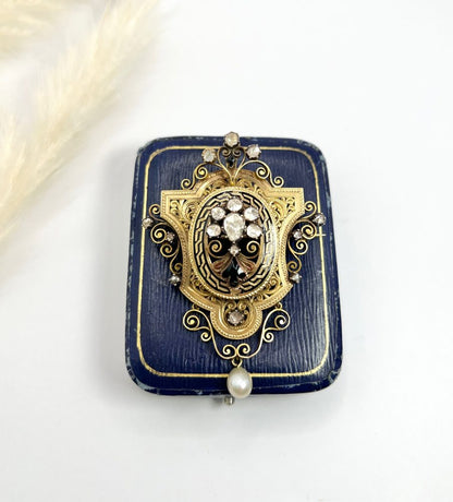 Antique Diamond, Enamel And Pearl Brooch In 18 Carat Yellow Gold