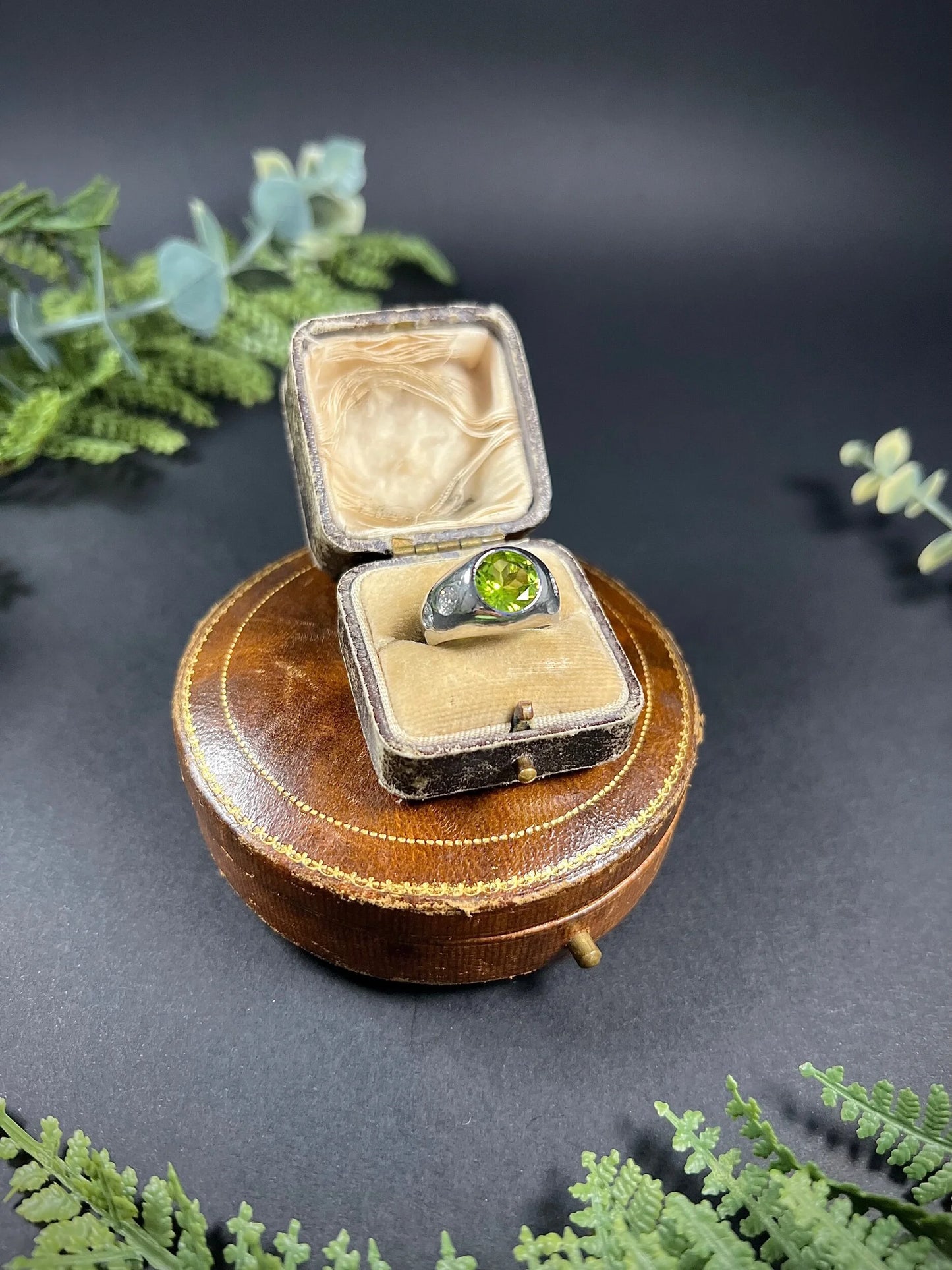 Vintage French Platinum, Peridot and Diamond Five Stone Ring, Circa 1940