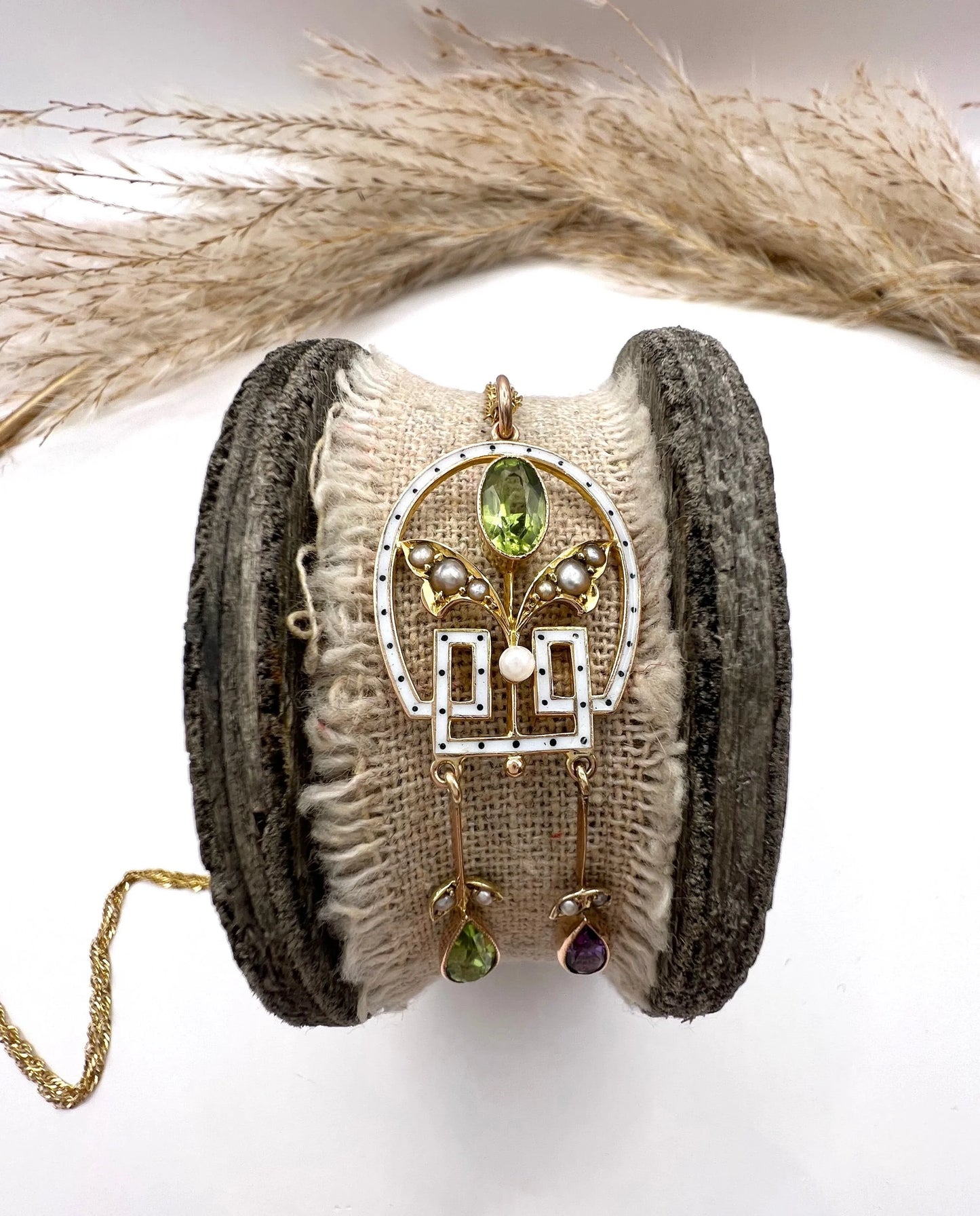 Antique 9 ct Gold, Edwardian Amethyst, Peridot, Seed Pearl And Enamel Suffragette Pendant