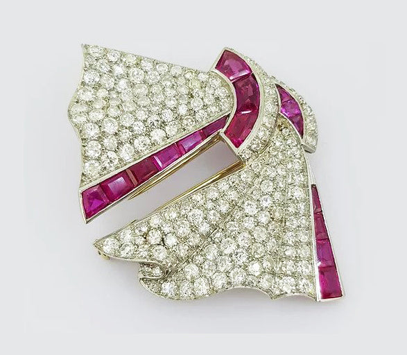 Vintage Gioielli Petochi Ruby and Diamond Bow Brooch, 18ct white gold, Circa 1960, Signed