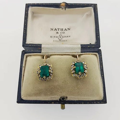 Antique Natural Colombian Emerald and Diamond Cluster Drop Earrings; 2.70cts octagonal-cut Colombian emeralds surrounded by diamonds, with certificate