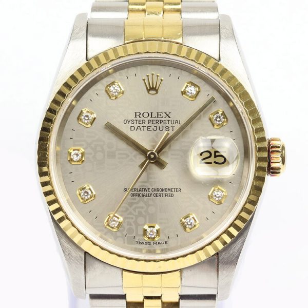 Rolex Datejust 16233 Steel and Gold 36mm Watch with Rolex factory original grey diamond Jubilee dial, Year 2002 and with Rolex box and papers