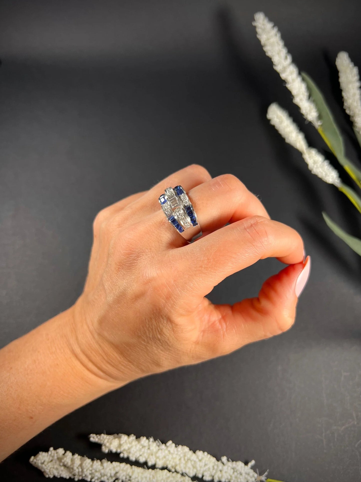 Vintage Retro 1940s Sapphire and Diamond Cocktail Ring in Platinum