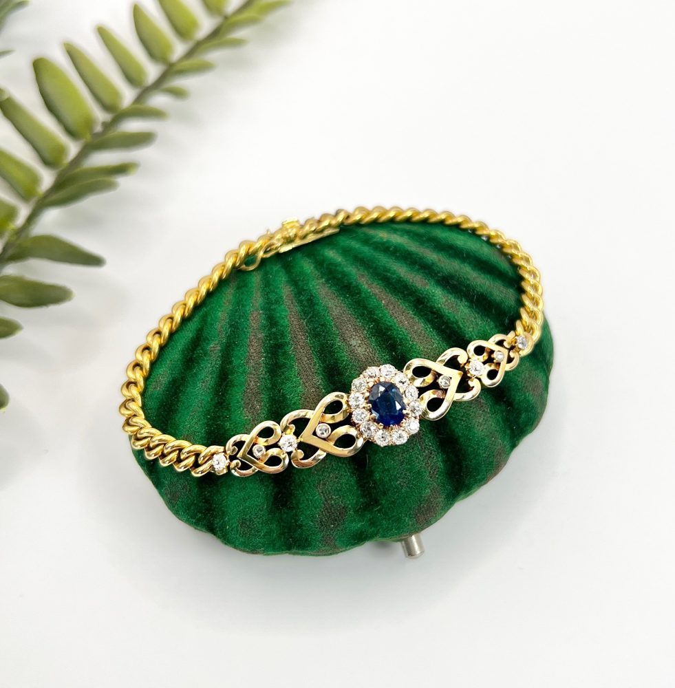 Edwardian Antique Sapphire and Diamond Cluster Fancy Heart Link Gold Curb Bracelet