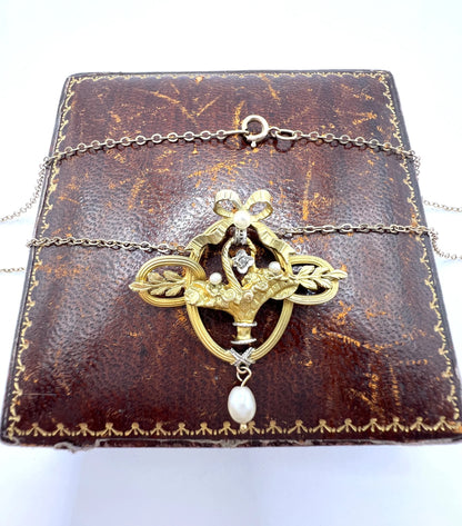 Antique 18 ct Gold, Edwardian Diamond And Seed Pearl Floral Basket Pendant Necklace