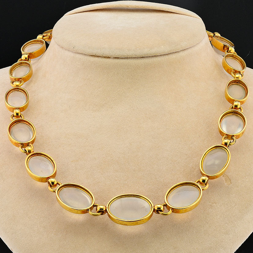Vintage 1940s Retro 132ct Natural Moonstone Collar Riviere Necklace in 18ct Yellow Gold