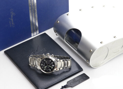 Breguet Type XX Stainless Steel Automatic Chronograph 39mm Watch; black dial, Arabic numerals, luminous hands, stainless steel bracelet strap, with box and papers