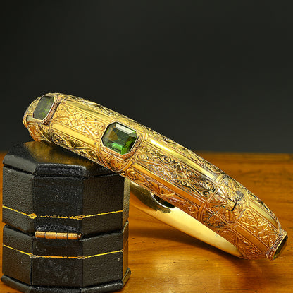 Antique Green Tourmaline Ornate Engraved Carved 18ct Yellow Gold Bangle Bracelet