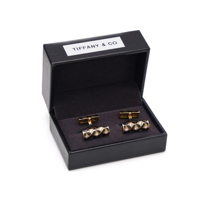 Vintage Tiffany and Co 18ct Yellow Gold Cufflinks with Black Enamel and Diamonds