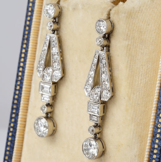 Art Deco Old Cut Diamond Drop Earrings in Platinum, 3.60 carats