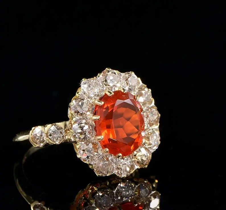 Antique Victorian 2ct Fire Opal and Diamond Cluster Ring