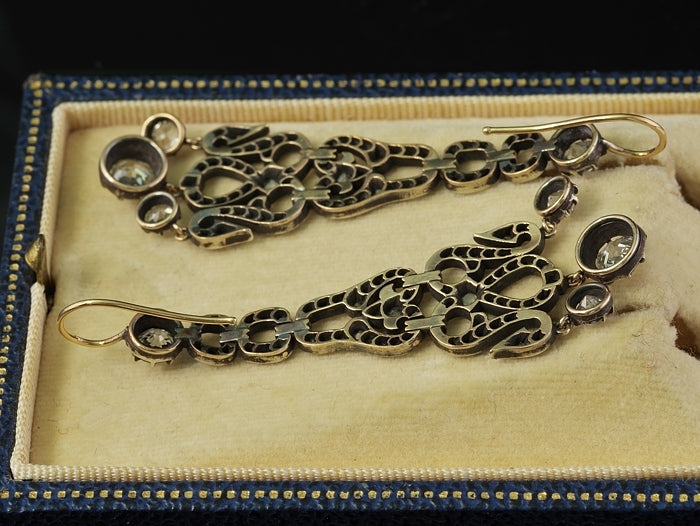 Georgian Antique Old Cut Diamond Chandelier Earrings, 4.50 carats