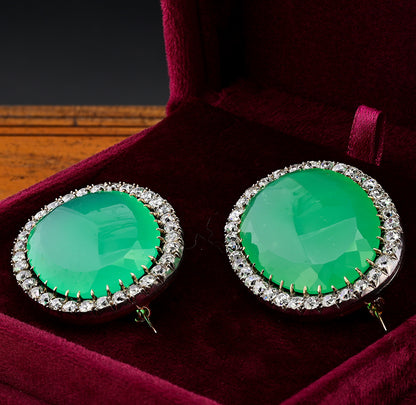 Victorian Antique 127.5cts Chrysoprase and 11ct Old Mine Cut Diamond Cluster Twin Brooch