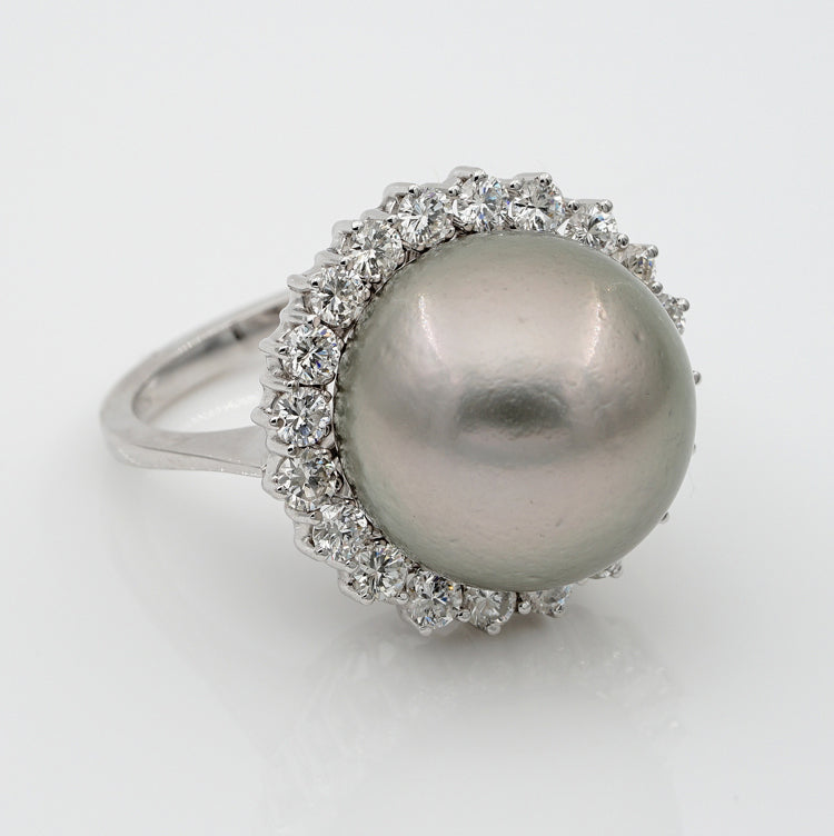 Vintage Black South Sea Pearl and Diamond Cluster Cocktail Ring