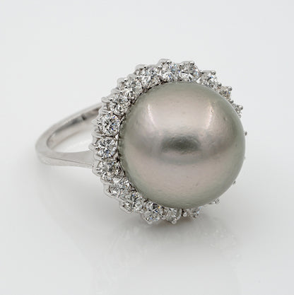 Vintage Black South Sea Pearl and Diamond Cluster Cocktail Ring