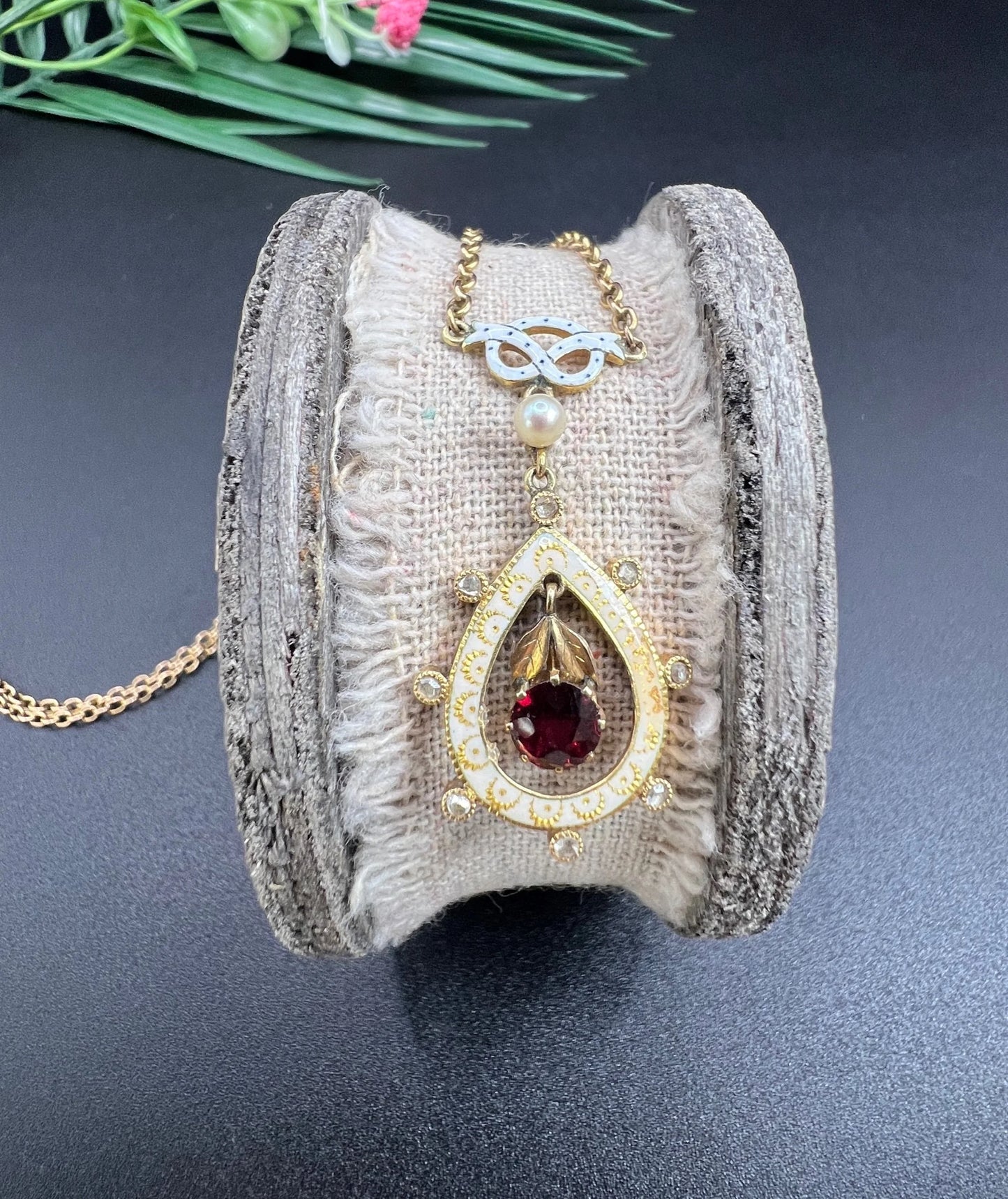 Antique 15 ct Gold, Edwardian Garnet, Diamond, Seed Pearl And Enamel Pendant Necklace