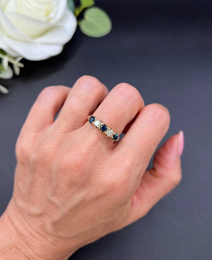 Vintage 18ct Yellow Gold, Victorian Style Sapphire and Diamond Five Stone Ring, London 1976