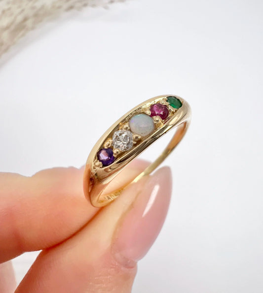 Antique 18ct Yellow Gold, Edwardian ADORE Amethyst, Diamond, Opal, Ruby & Emerald Boat Shaped Acrostic Ring, Hallmarked Birmingham