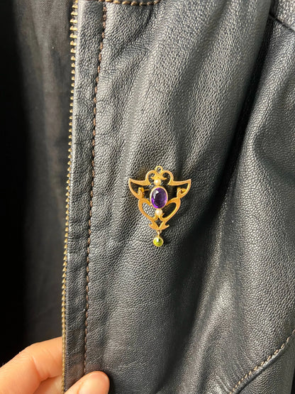 Antique 9ct Gold, Edwardian Amethyst, Pearl & Peridot Suffragette Pendant/Brooch