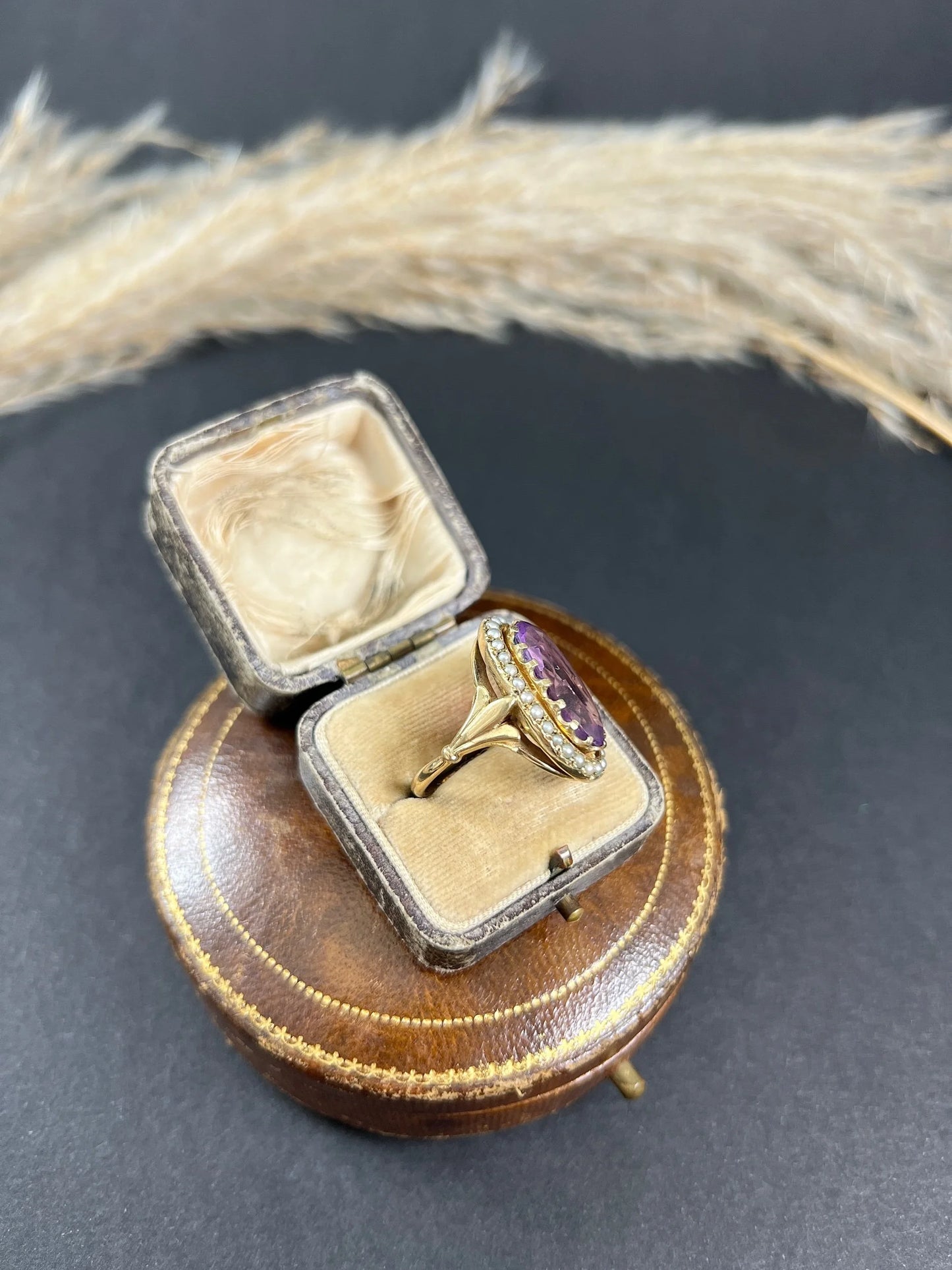 Vintage 9ct Gold, Hallmarked London 1966, Large Faceted Amethyst & Seed Pearl Cocktail Ring