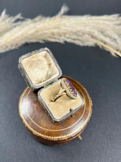 Vintage 9ct Gold, Hallmarked London 1966, Large Faceted Amethyst & Seed Pearl Cocktail Ring
