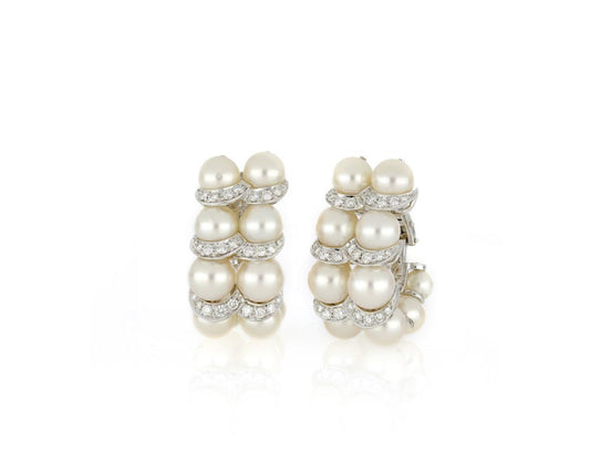 Fine Pearl and Diamond Double Row Earrings